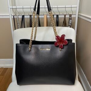Michael Kors Ellis Large Black Leather Gold Chain Tote Shoulder Bag